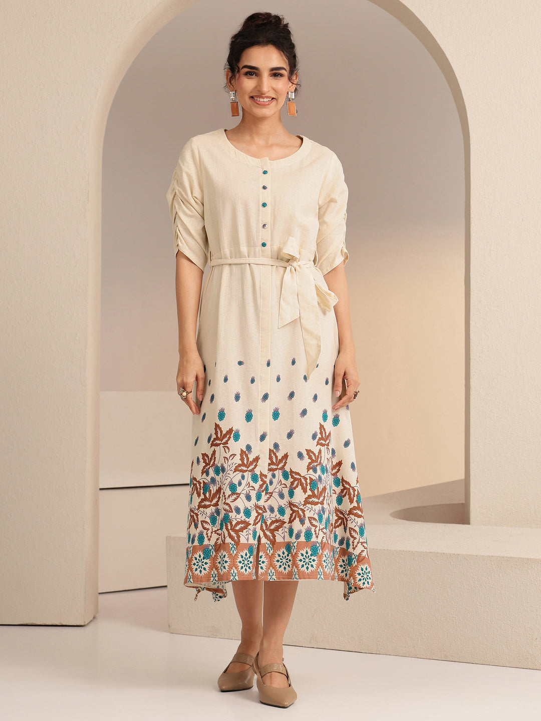 Ivory and Blue Printed Cotton Blend Midi Dress