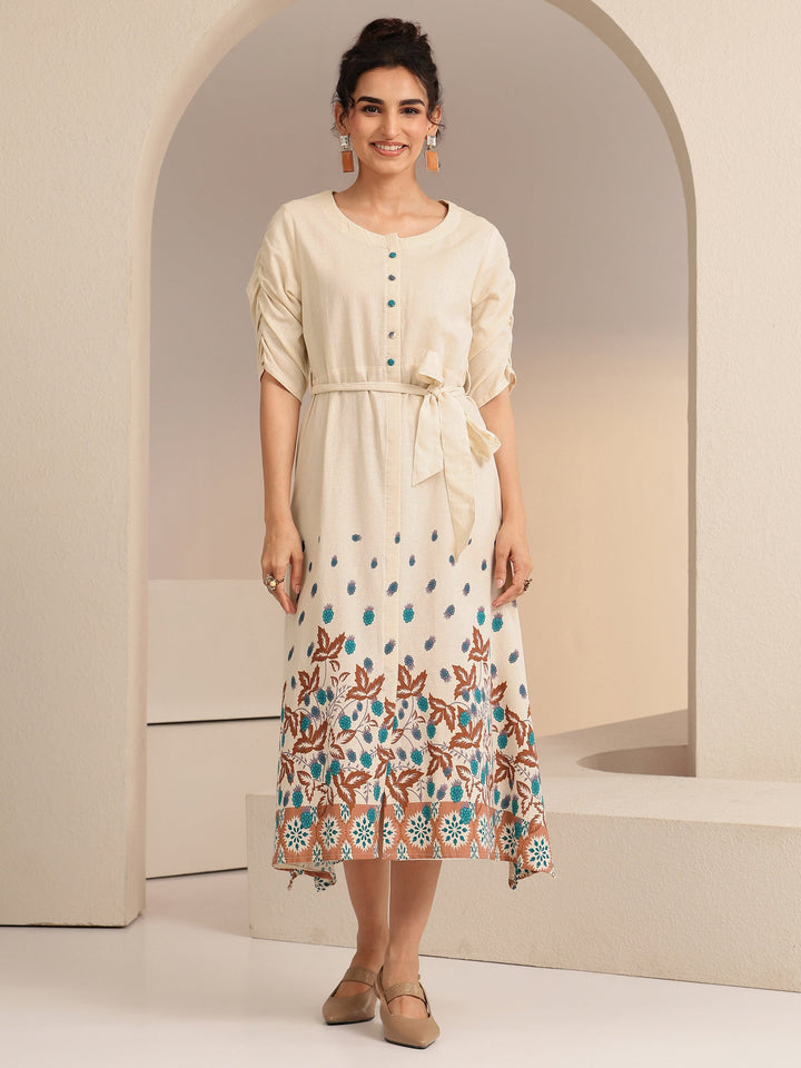 Libas Ivory and Blue Printed Cotton Blend Midi Dress