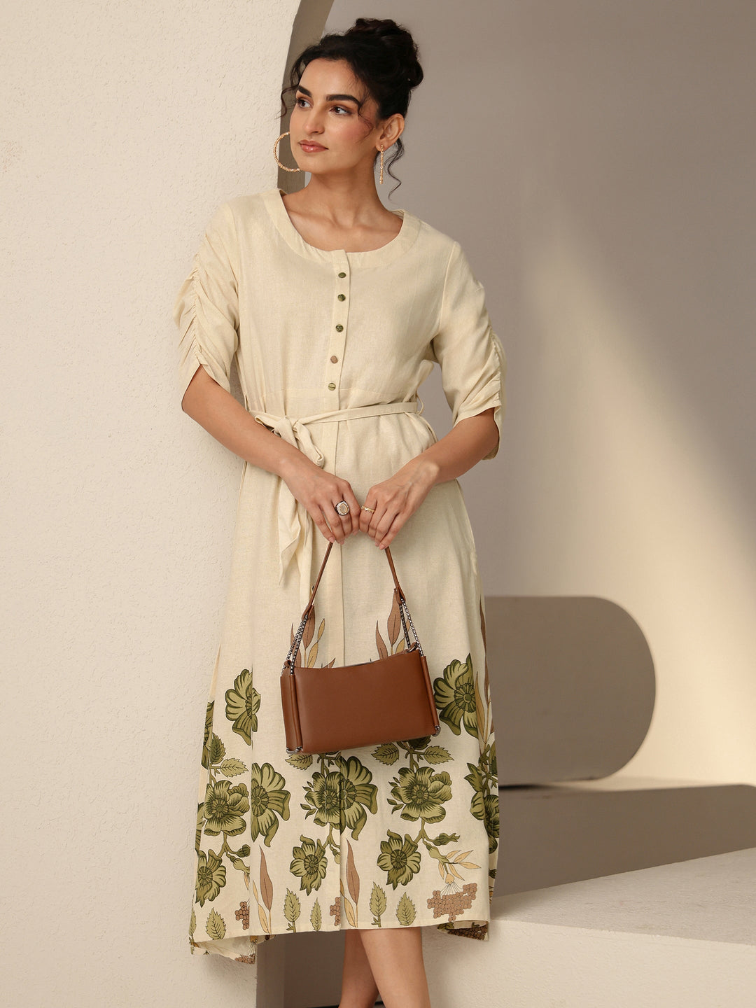 Ivory and  Printed Cotton Blend A-Line Dress