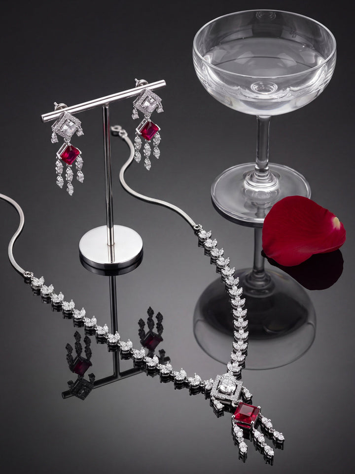 Libas Silver Plated AD Red Stone Necklace Set