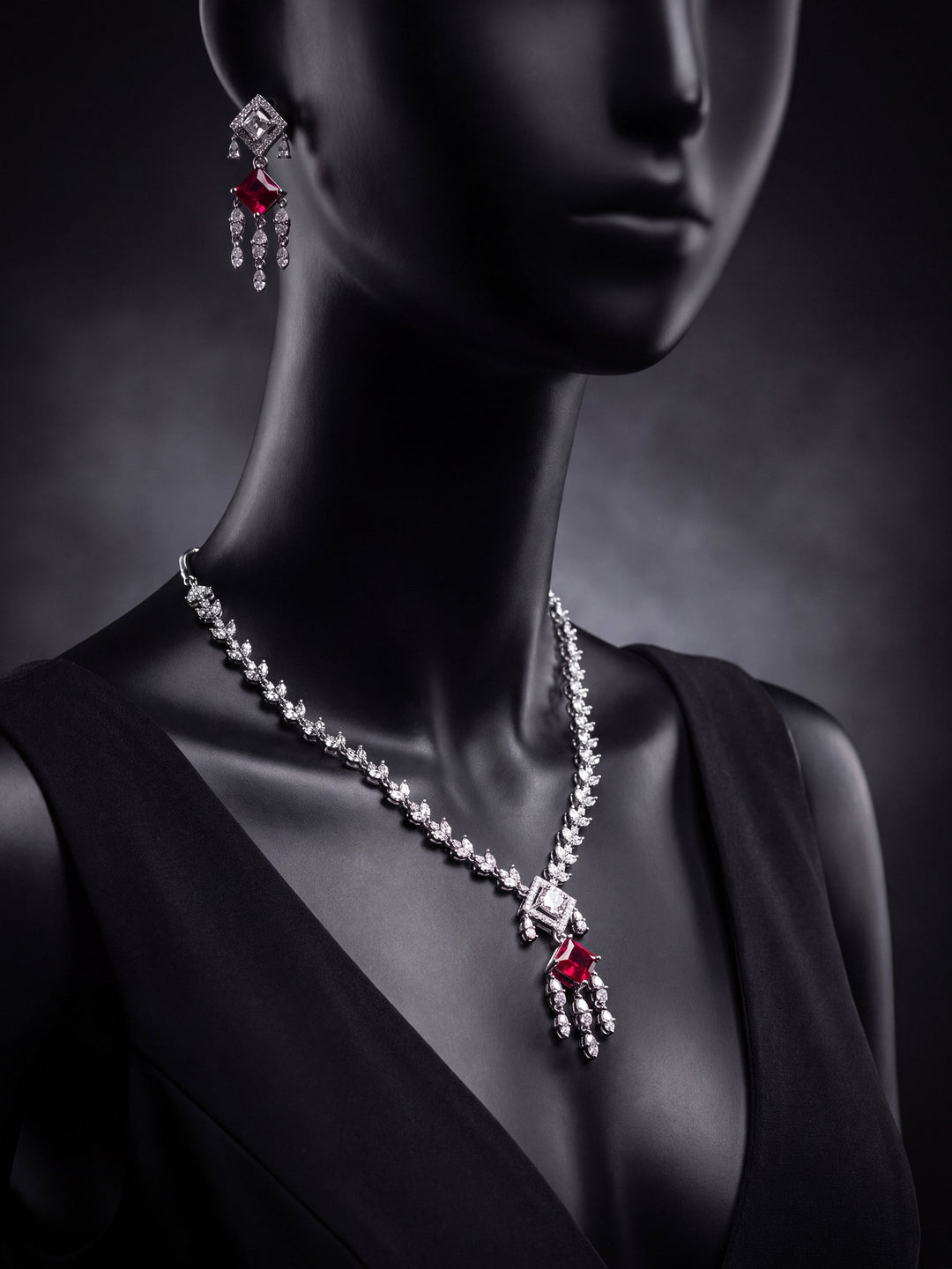 Libas Silver Plated AD Red Stone Necklace Set