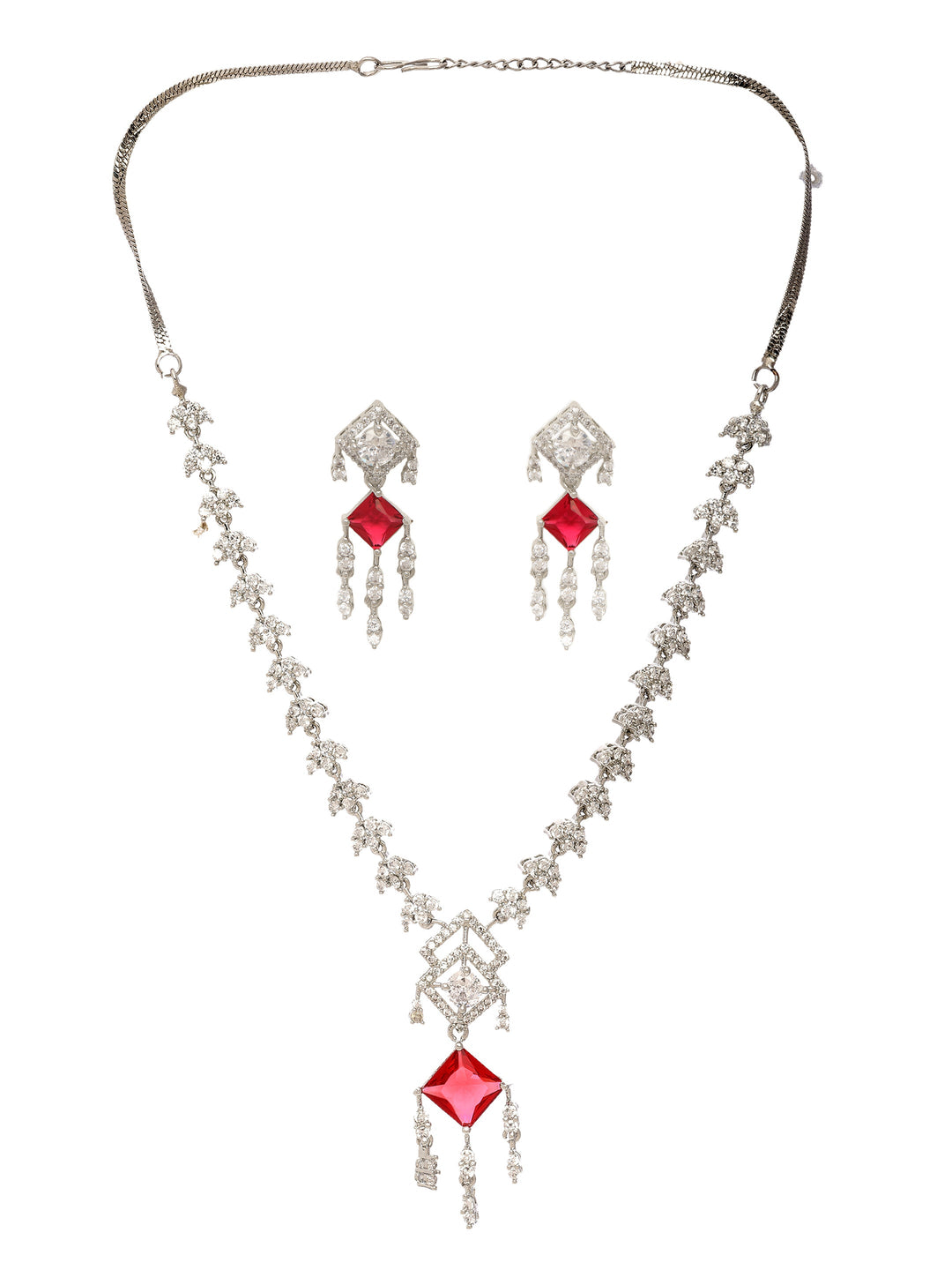 Libas Silver Plated AD Red Stone Necklace Set