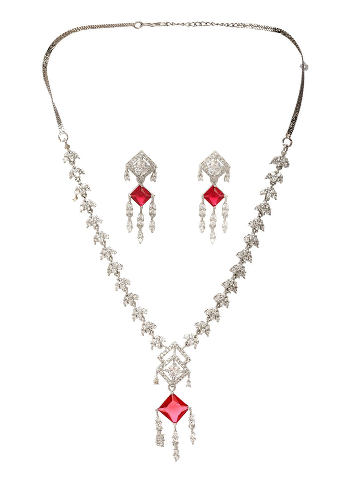 Libas Silver Plated AD Red Stone Necklace Set