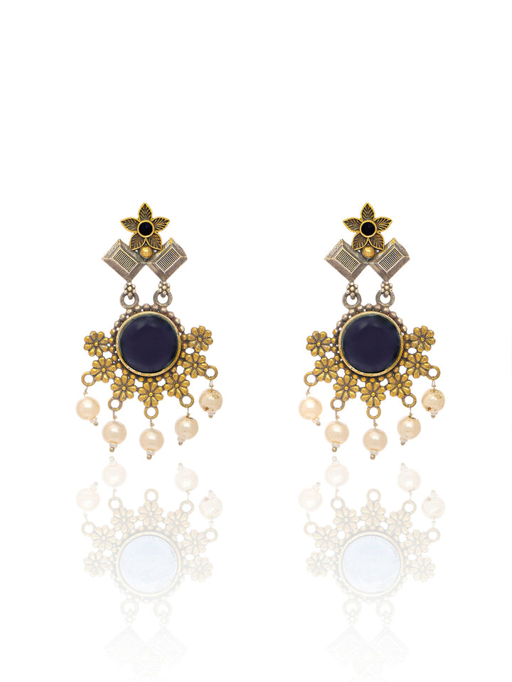 Libas Turquoise Stone Pearl Drops Brass Earrings