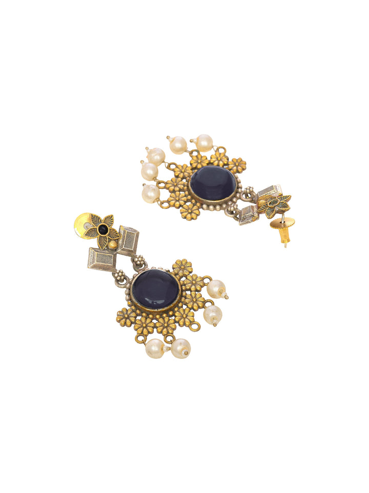 Libas Turquoise Stone Pearl Drops Brass Earrings