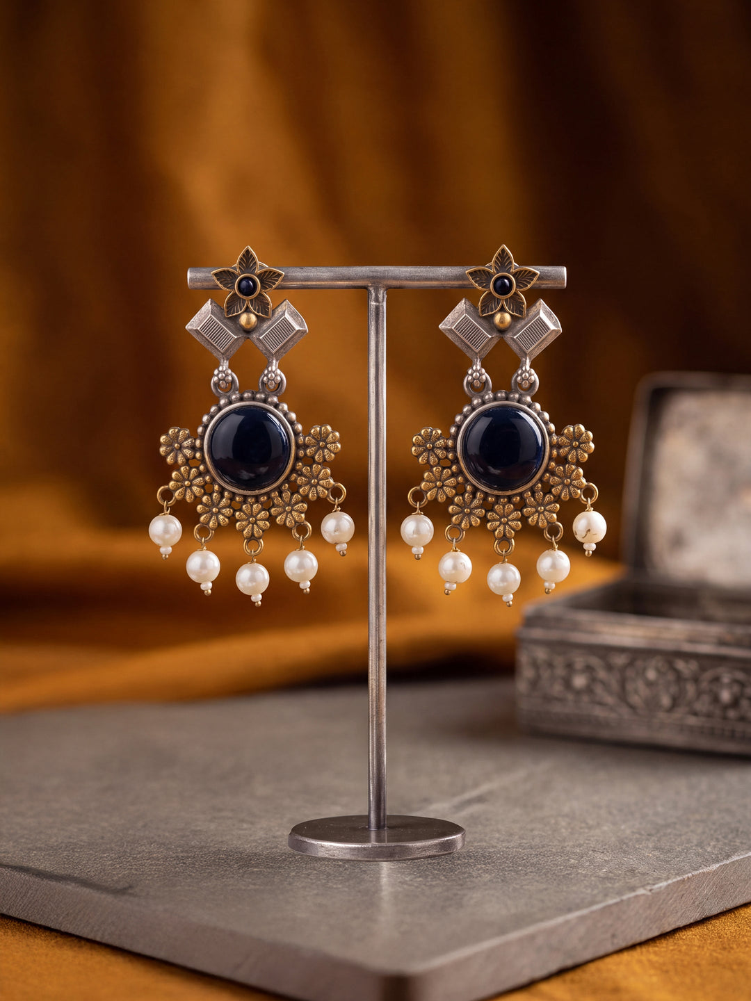 Libas Turquoise Stone Pearl Drops Brass Earrings