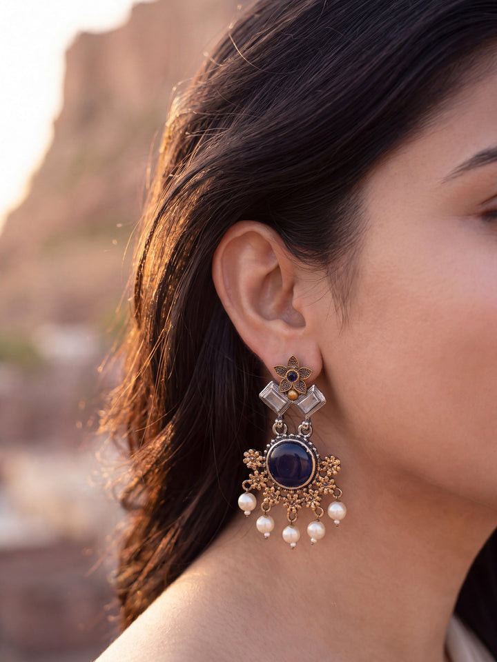 Libas Turquoise Stone Pearl Drops Brass Earrings