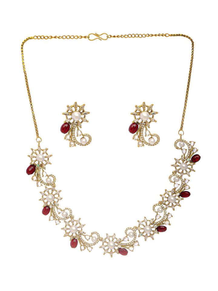 Libas Silver Plated Floral AD Red Stone Necklace Set