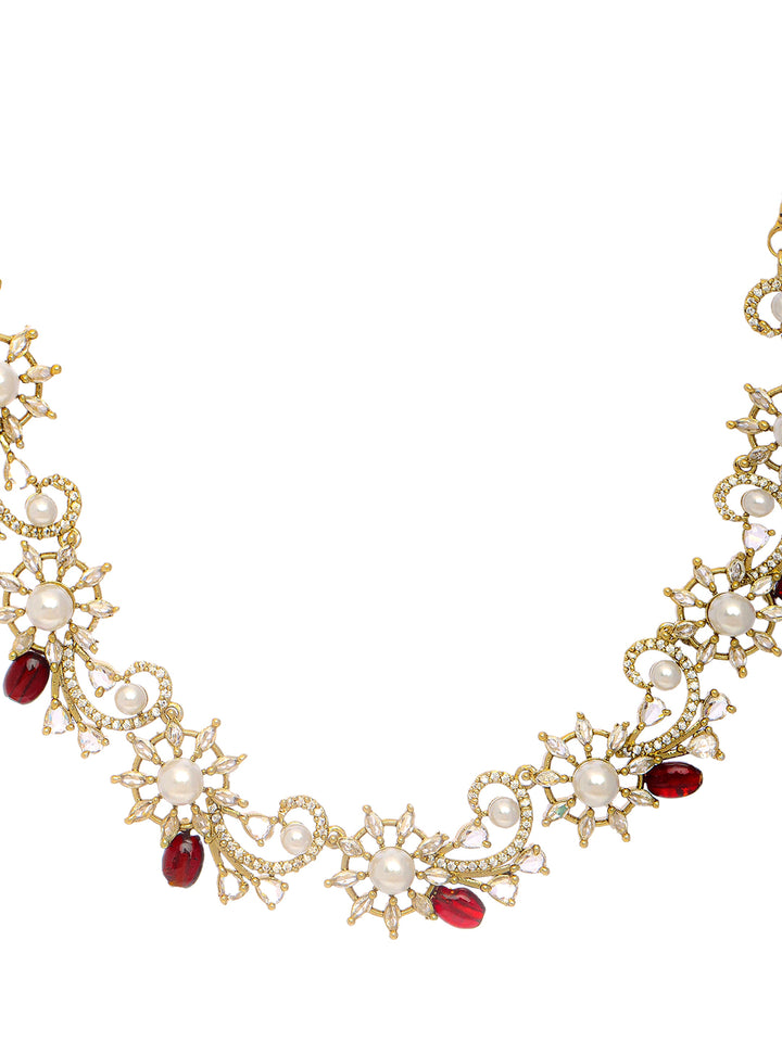 Libas Silver Plated Floral AD Red Stone Necklace Set
