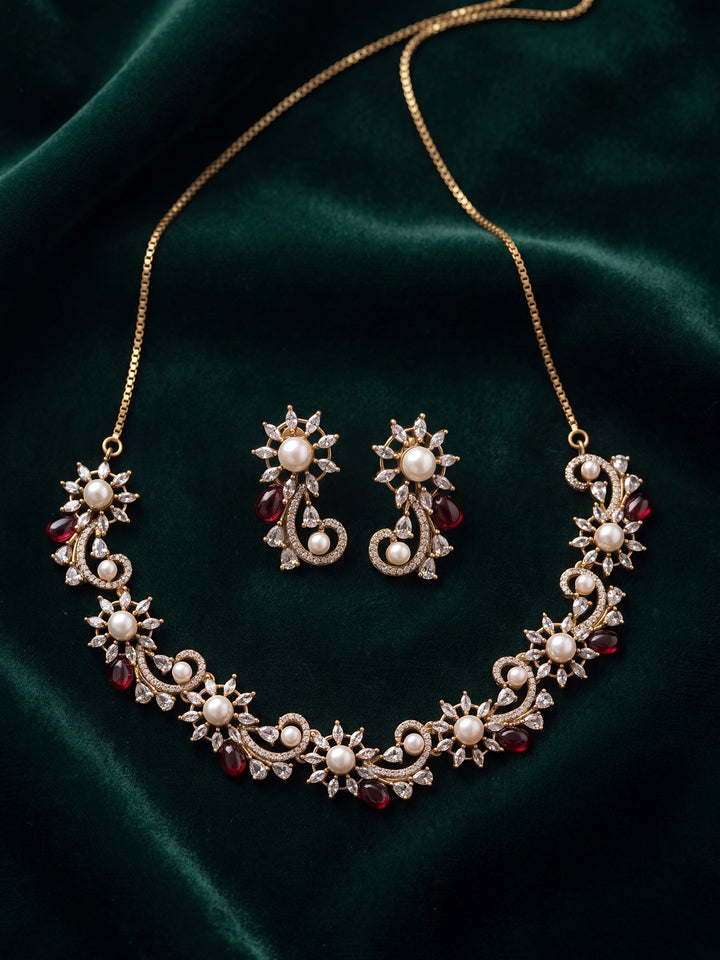 Libas Silver Plated Floral AD Red Stone Necklace Set