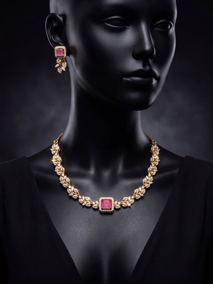 Libas Gold-Tone Leaf Pattern Zircon Necklace Set