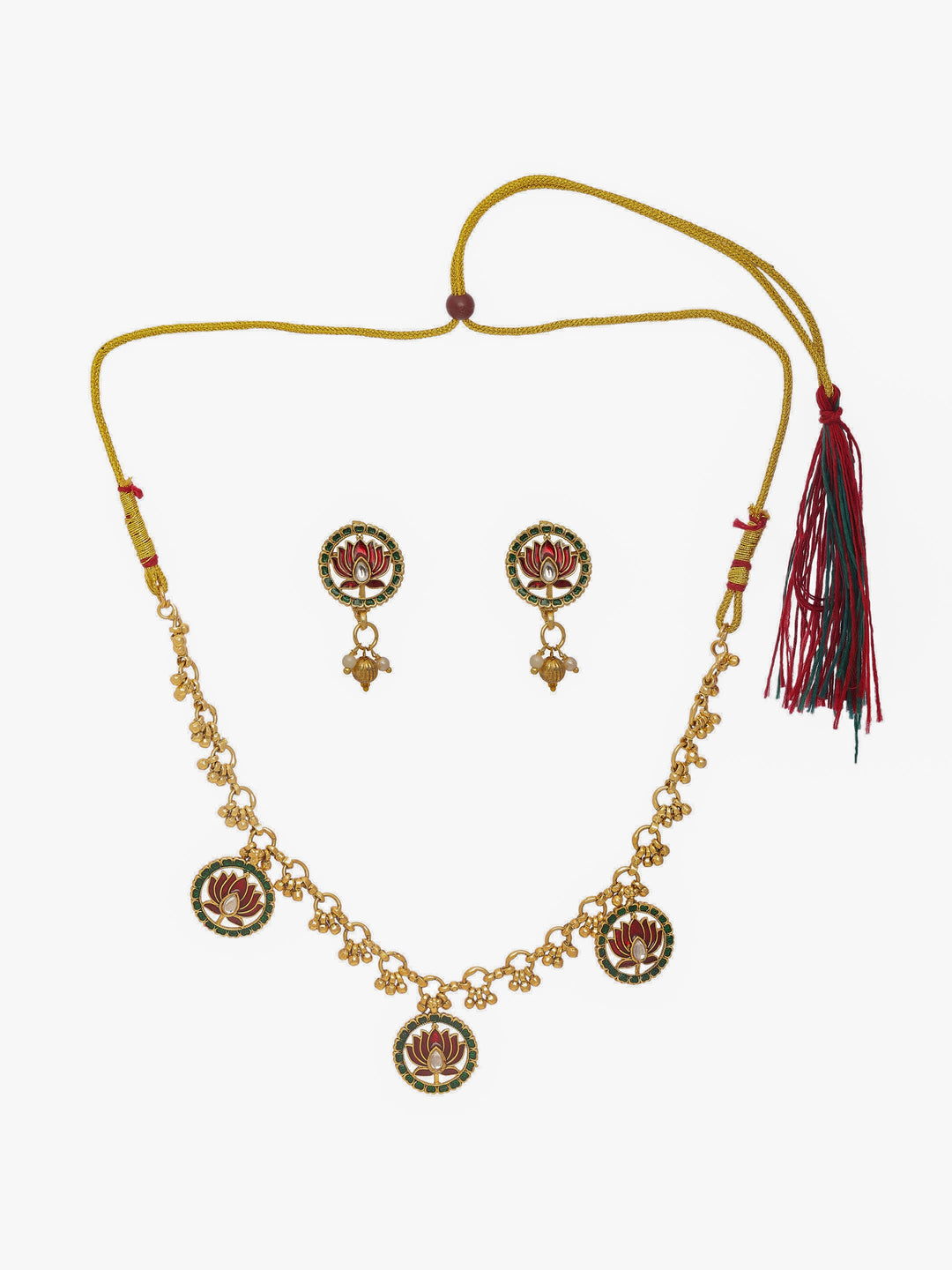 Libas Gold Tone Meenakari Lotus Motif Necklace Set