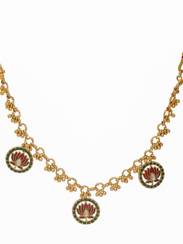 Libas Gold Tone Meenakari Lotus Motif Necklace Set