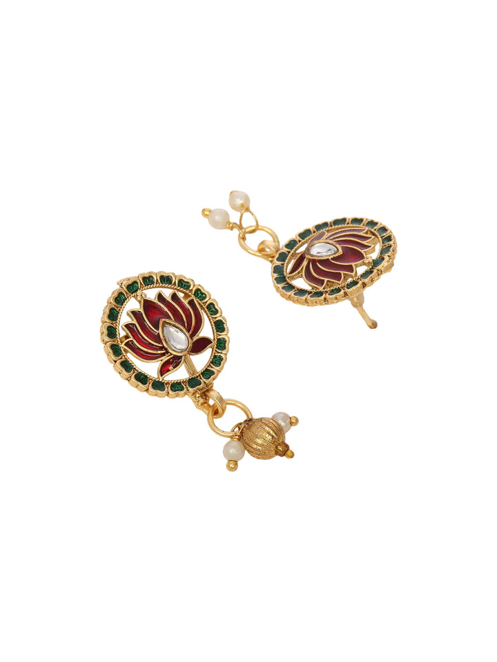 Libas Gold Tone Meenakari Lotus Motif Necklace Set