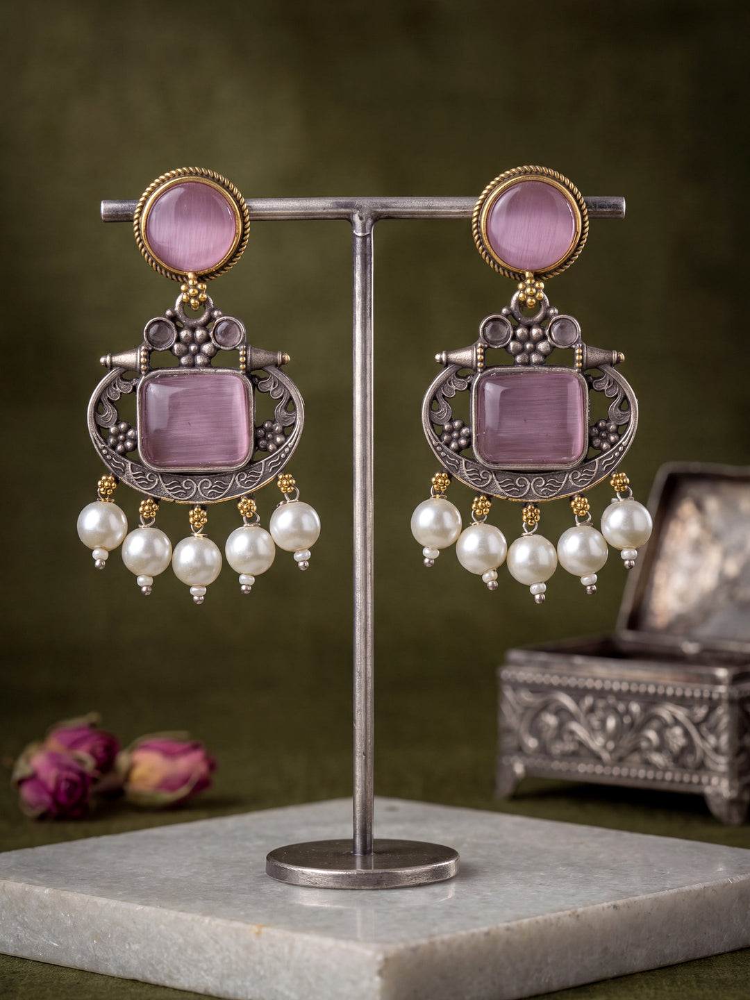 Libas Blush Pink Stone Vintage Style Brass Earrings