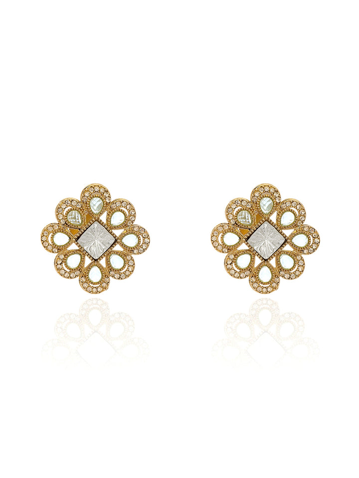 Libas Gold-Toned and Blue Stone Brass Floral Stud Earrings