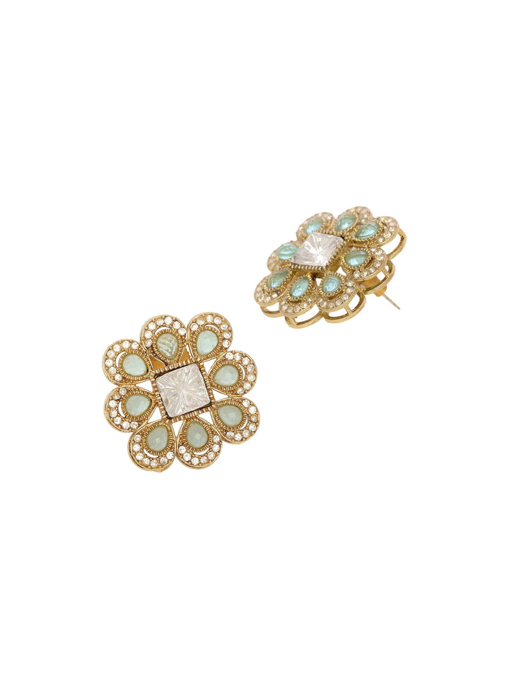 Libas Gold-Toned and Blue Stone Brass Floral Stud Earrings