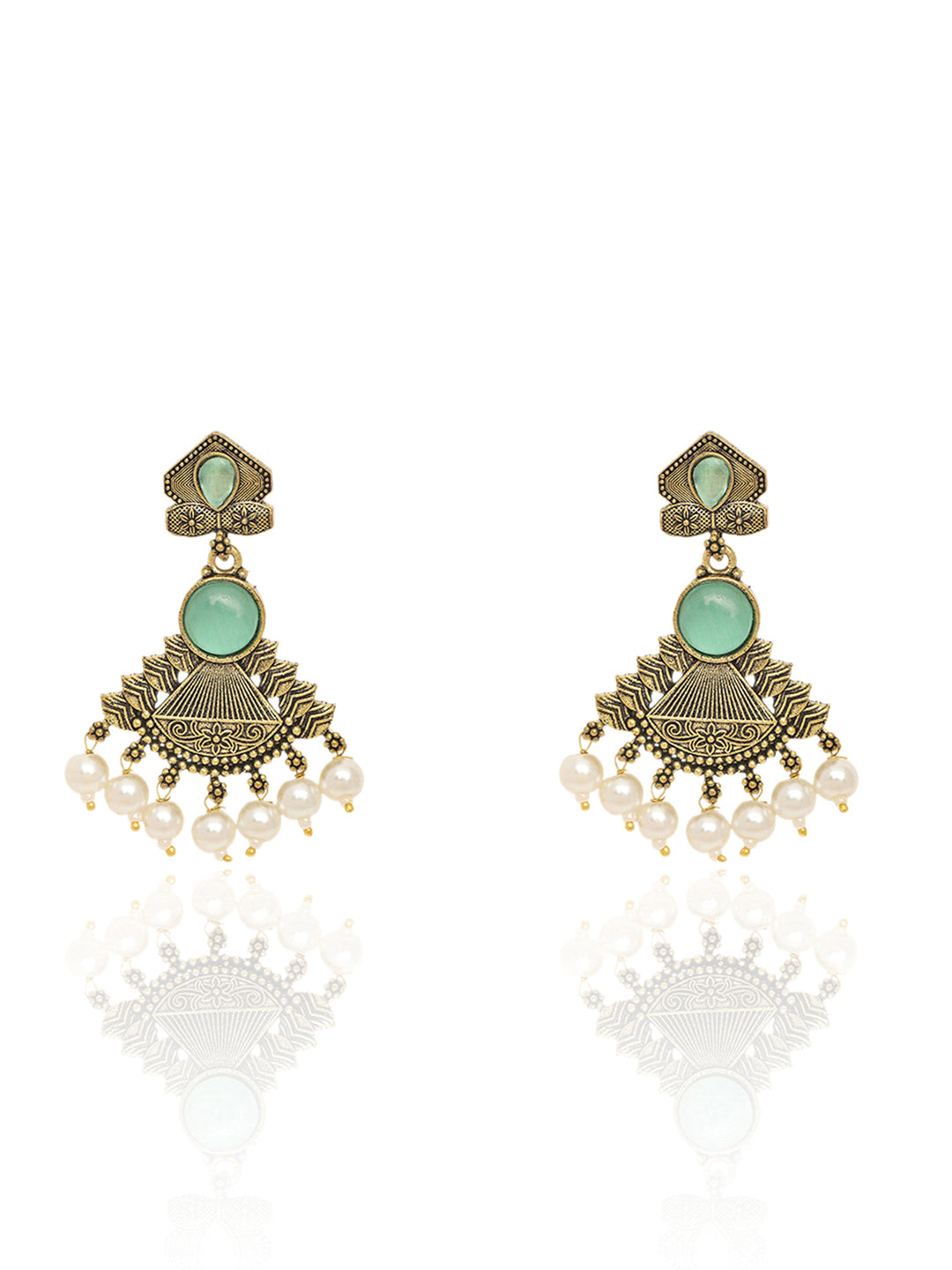 Libas Green Stone Pearl Drops Brass Dangling Earrings