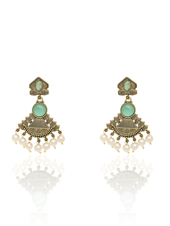 Libas Green Stone Pearl Drops Brass Dangling Earrings