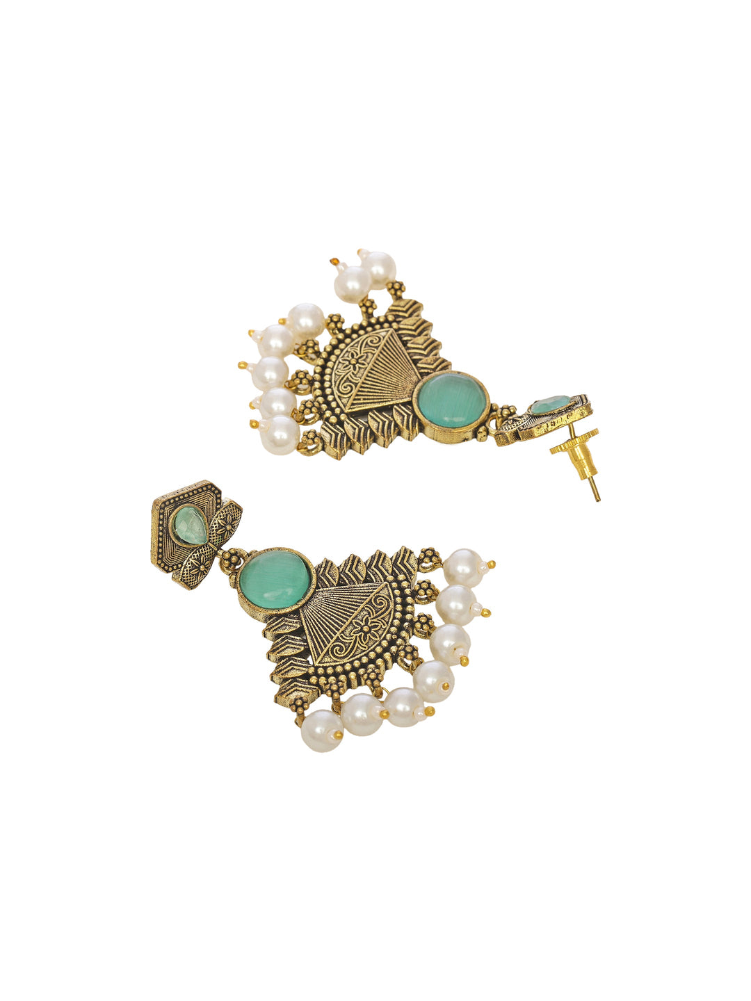 Libas Green Stone Pearl Drops Brass Dangling Earrings