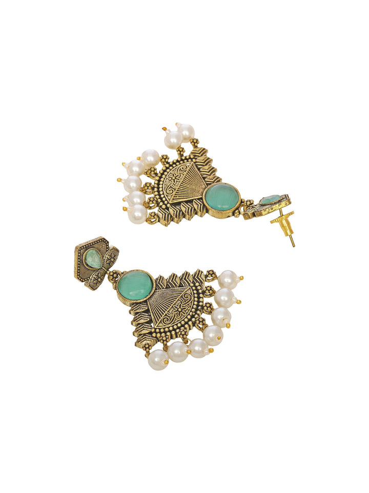Libas Green Stone Pearl Drops Brass Dangling Earrings