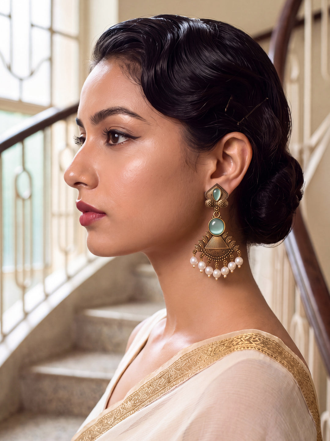 Libas Green Stone Pearl Drops Brass Dangling Earrings