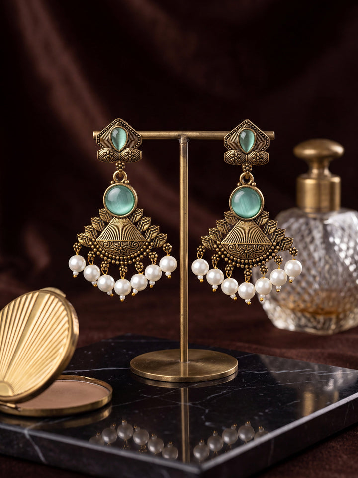 Libas Green Stone Pearl Drops Brass Dangling Earrings