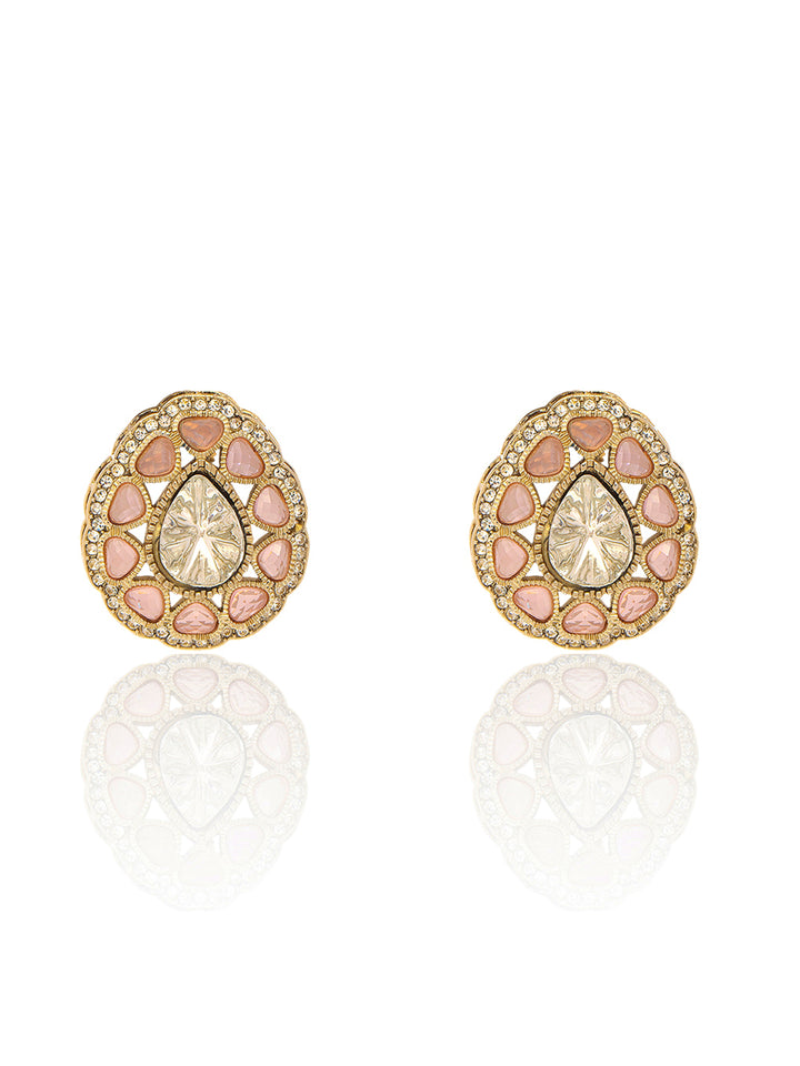 Libas Gold-Toned and Pink Stone Brass Stud Earrings