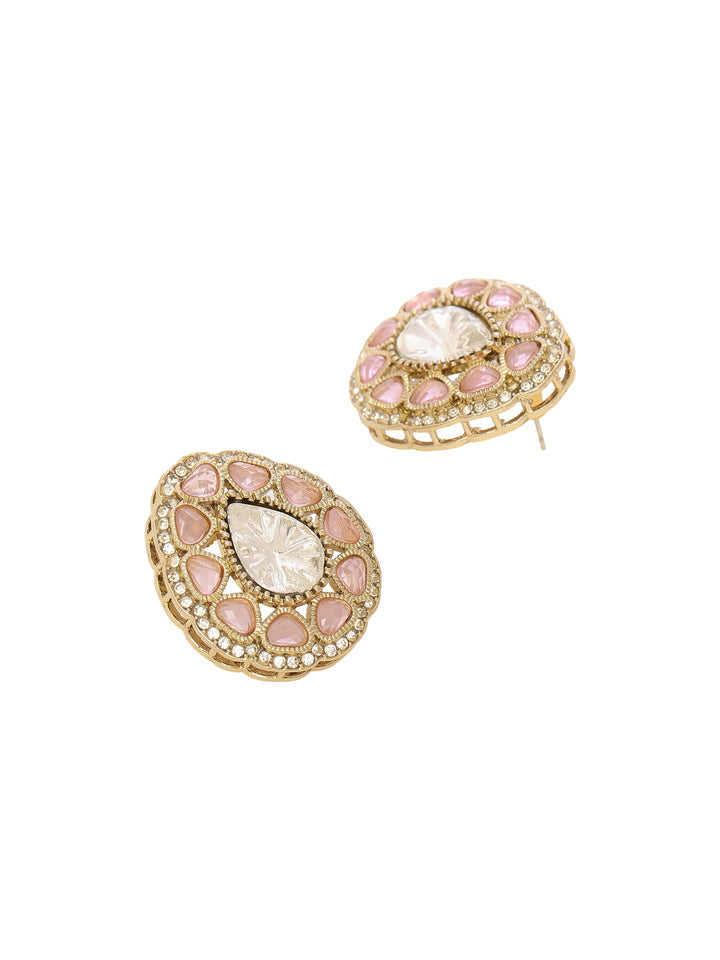 Libas Pink and Silver Oxidised Pearl Drop Alloy Chandbali Earrings