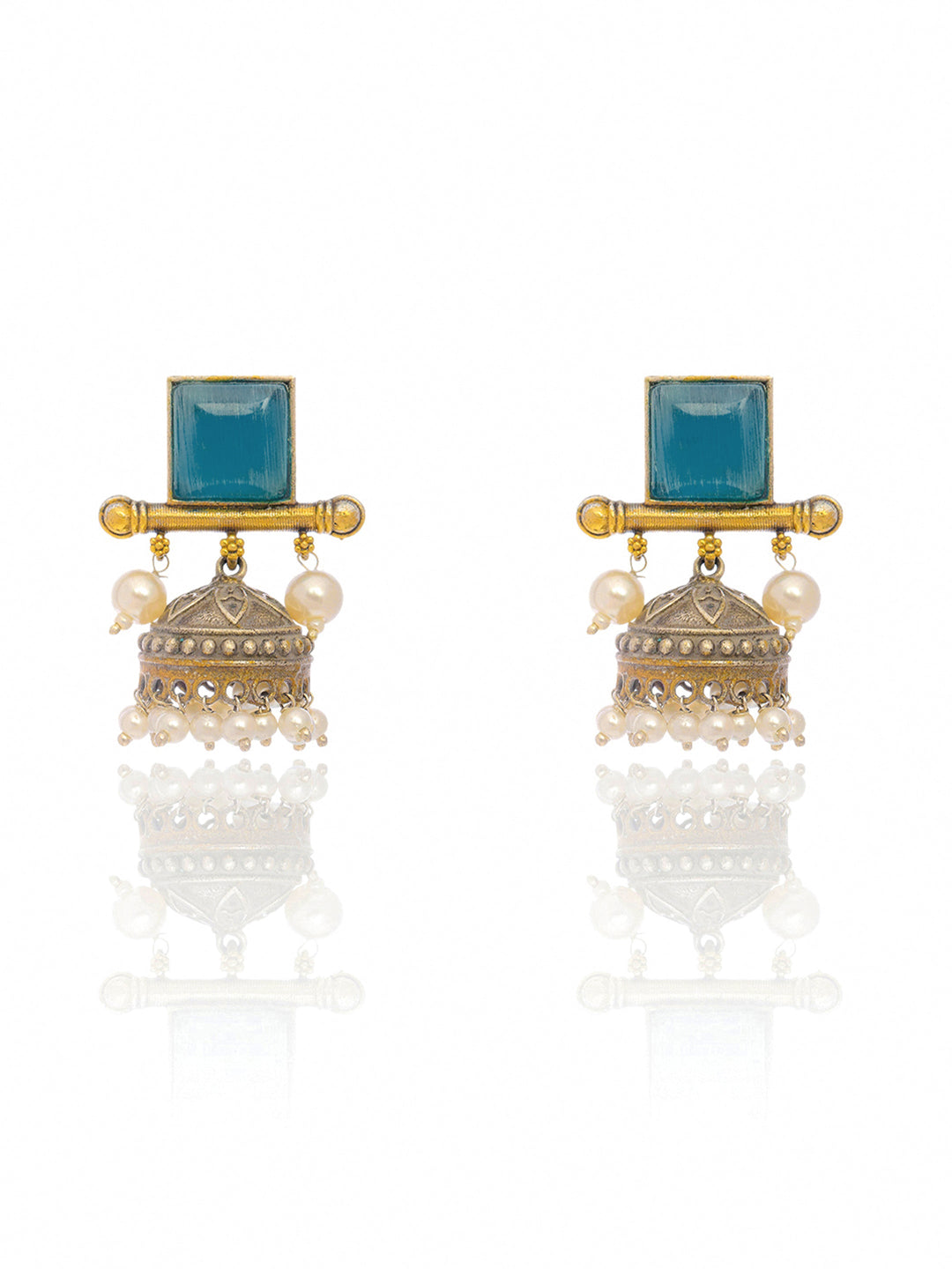 Libas Turquoise Stone Brass Jhumka Earrings