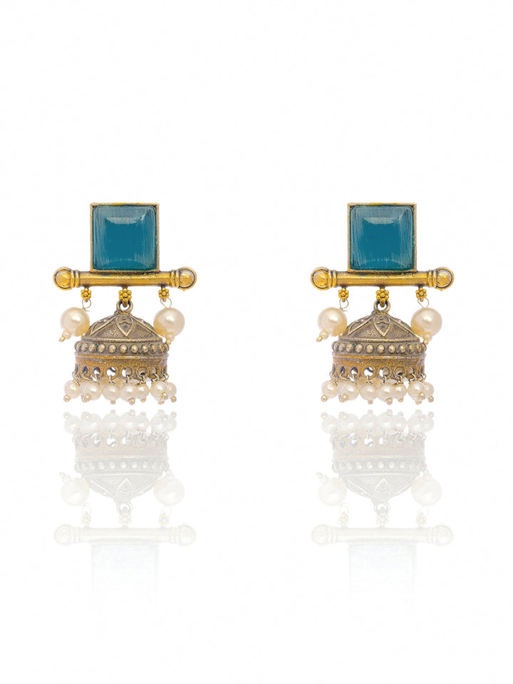 Libas Turquoise Stone Brass Jhumka Earrings
