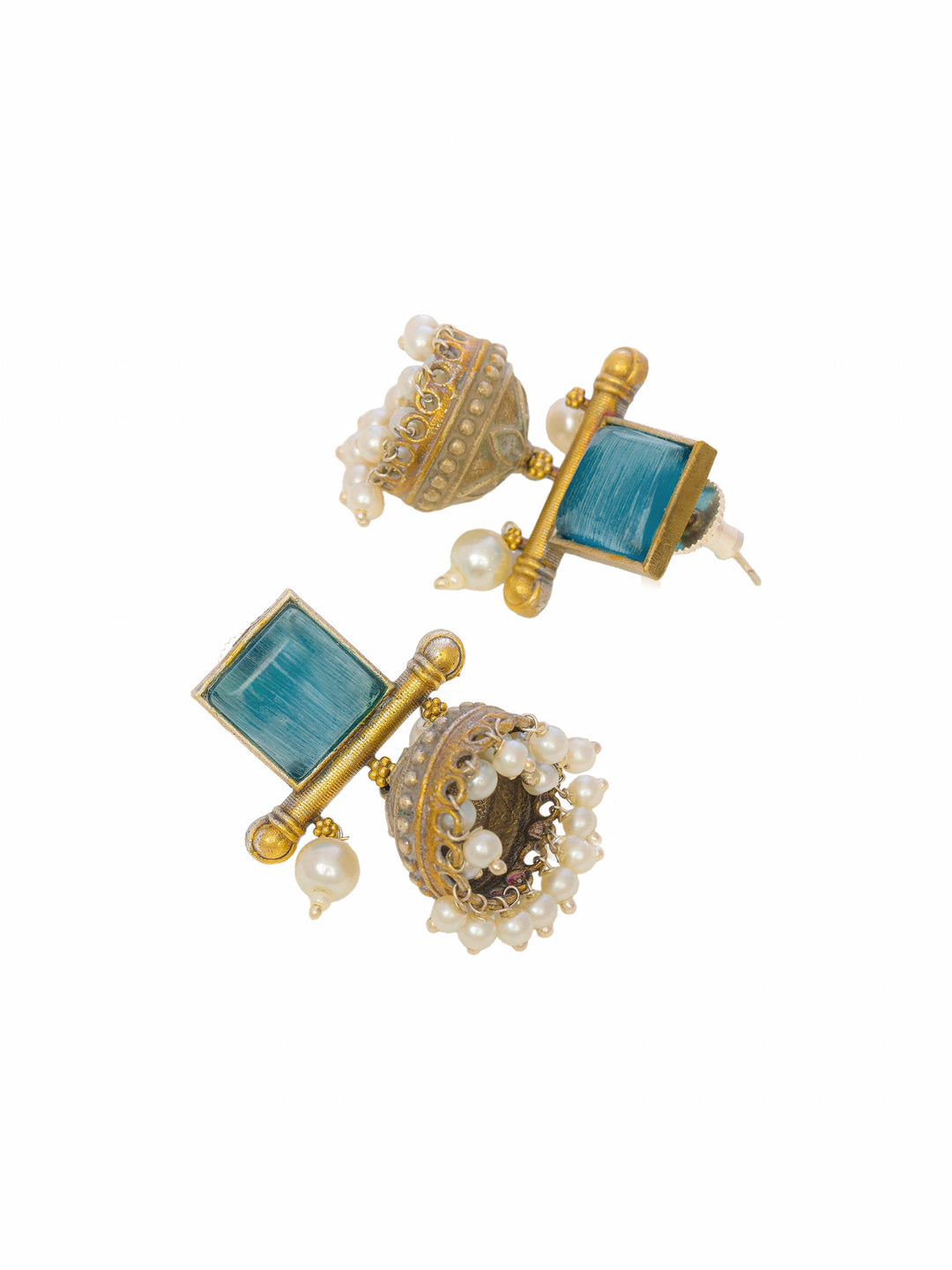 Libas Turquoise Stone Brass Jhumka Earrings