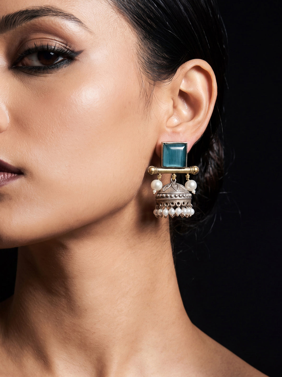 Libas Turquoise Stone Brass Jhumka Earrings