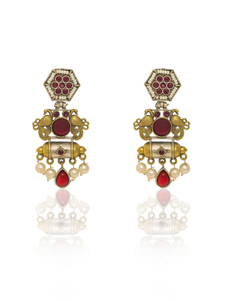 Libas Antique Gold Tone Red Stone Chandelier Earrings