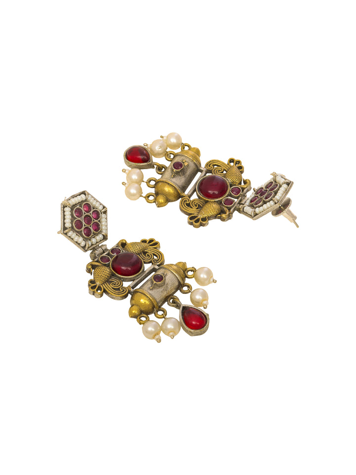 Libas Antique Gold Tone Red Stone Chandelier Earrings
