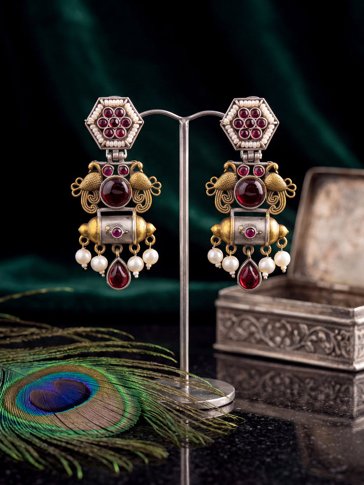 Libas Antique Gold Tone Red Stone Chandelier Earrings