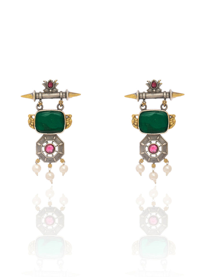 Libas Emerald Stone Vintage Brass Earrings with Pearl Drops