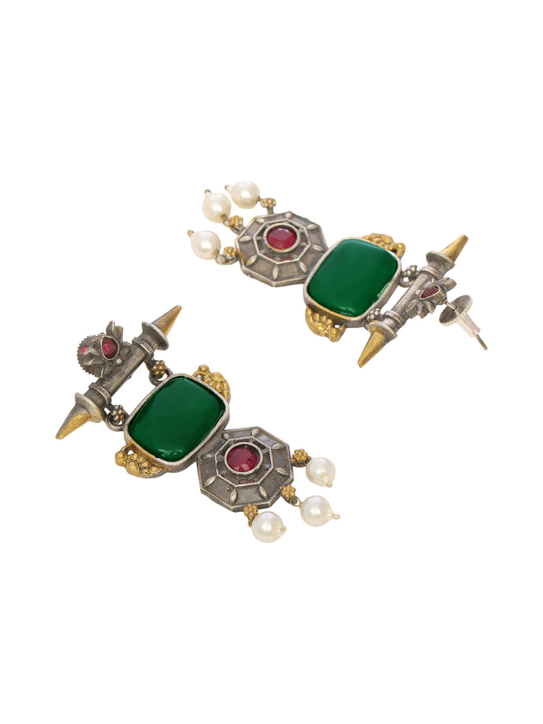 Libas Emerald Stone Vintage Brass Earrings with Pearl Drops
