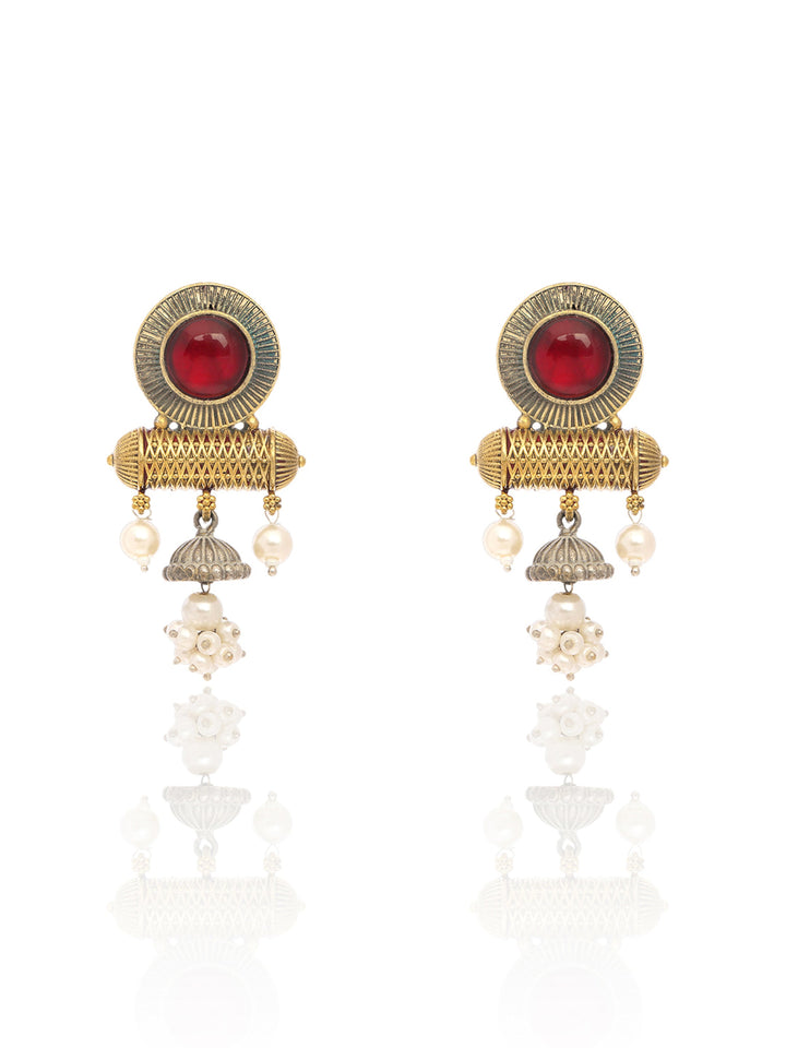 Libas Red Stone Jhumka Drop Brass Earrings