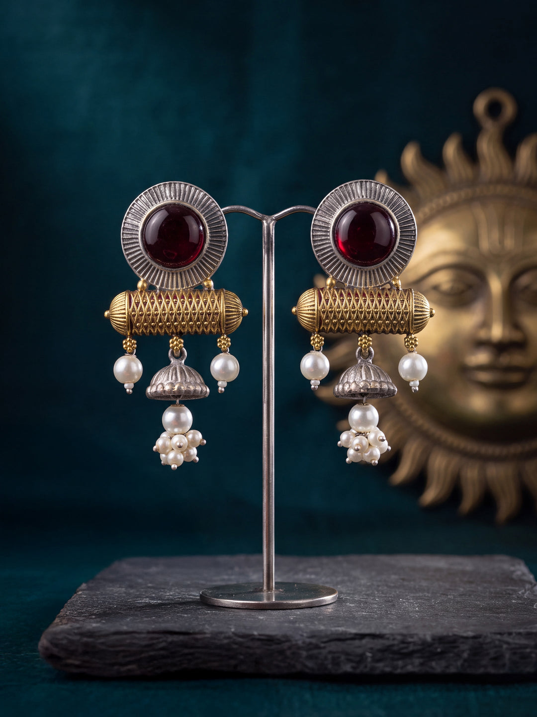 Libas Red Stone Jhumka Drop Brass Earrings