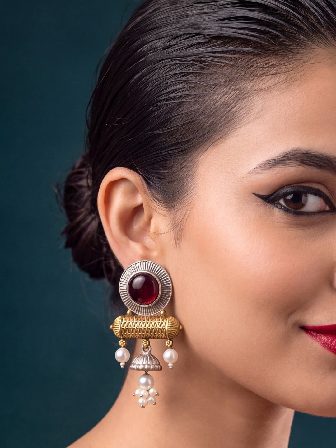 Libas Red Stone Jhumka Drop Brass Earrings