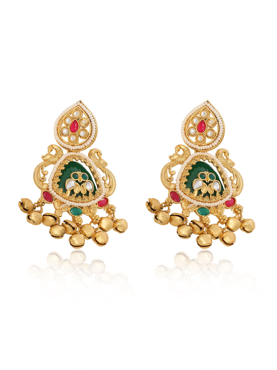 Libas Gold Tone Green Stone Ghungroo Drop Dangler Earrings