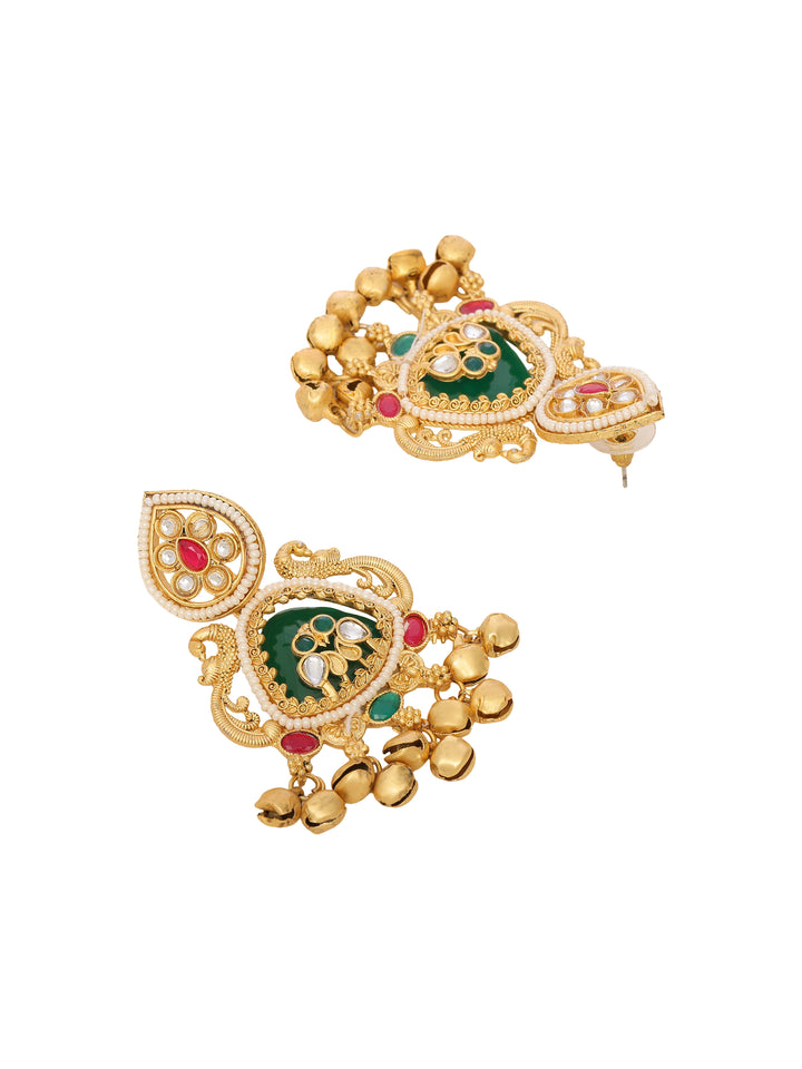 Libas Gold Tone Green Stone Ghungroo Drop Dangler Earrings