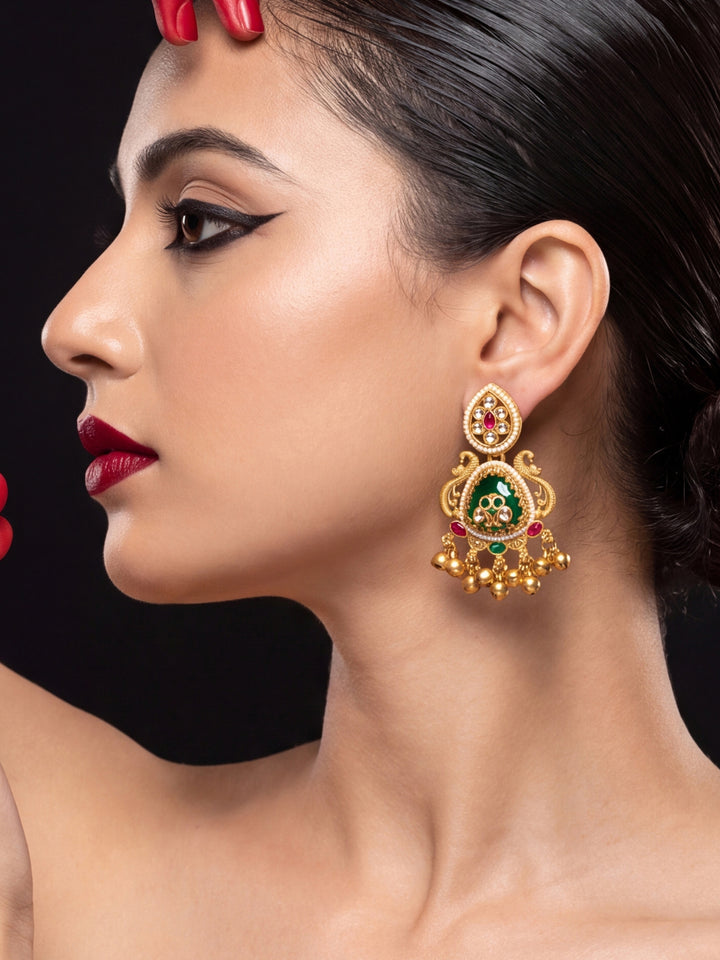 Libas Gold Tone Green Stone Ghungroo Drop Dangler Earrings
