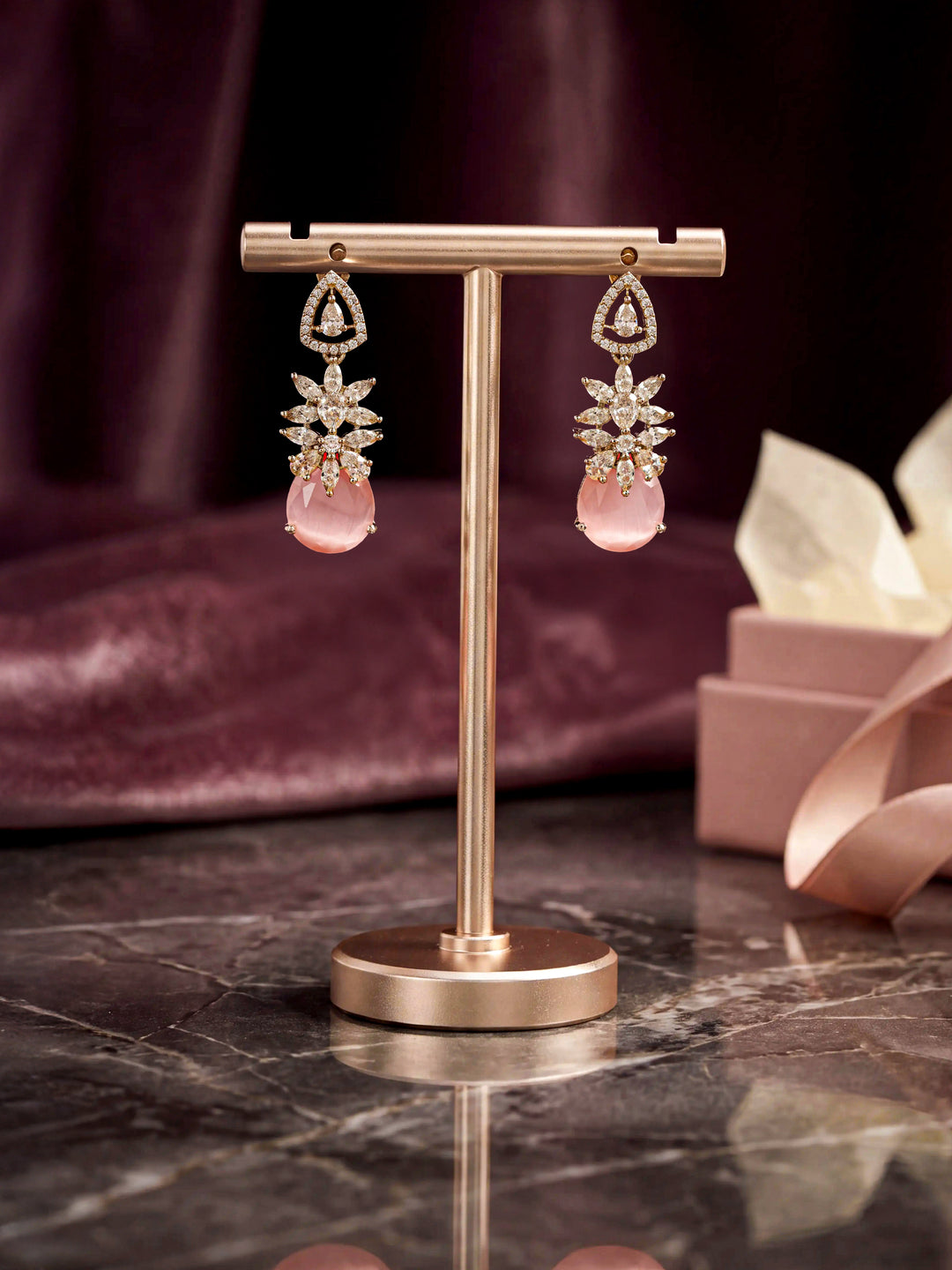 Libas Pink Tone Earrings with Red Stone Detailing