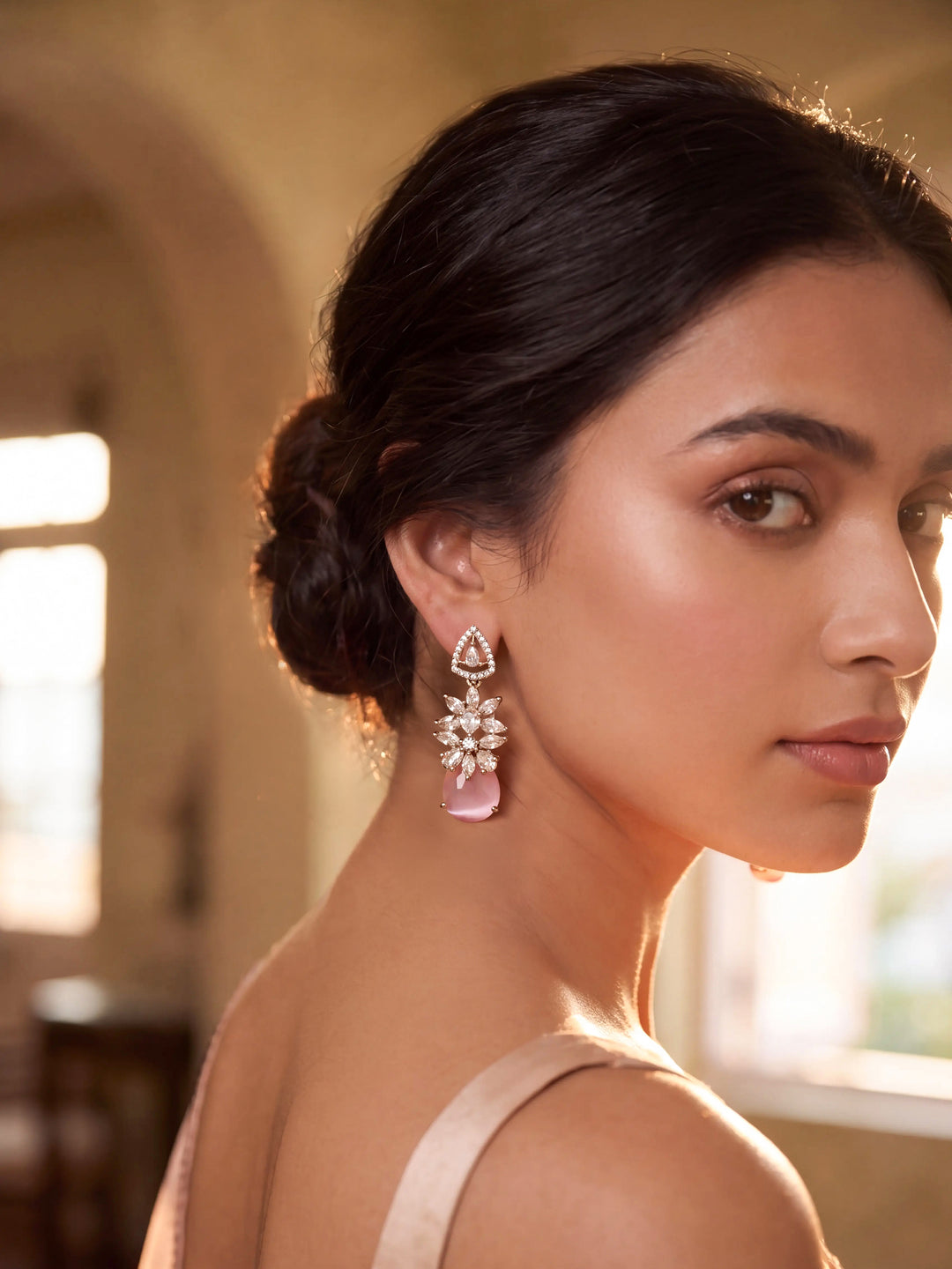 Libas Pink Tone Earrings with Red Stone Detailing