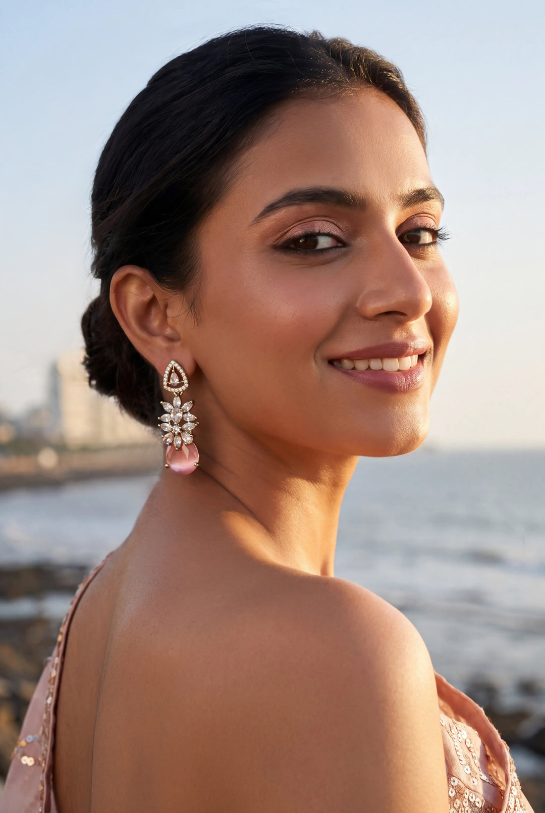 Libas Pink Tone Earrings with Red Stone Detailing