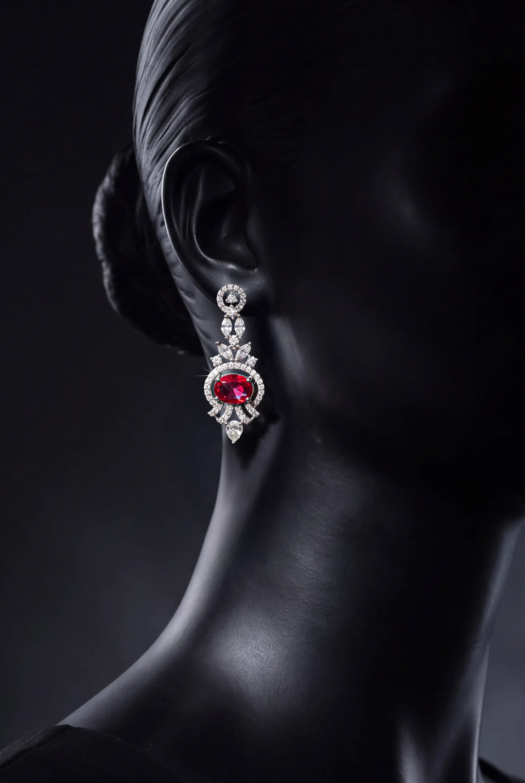 Libas Pink Tone Earrings with Ruby and Diamond Drop Design