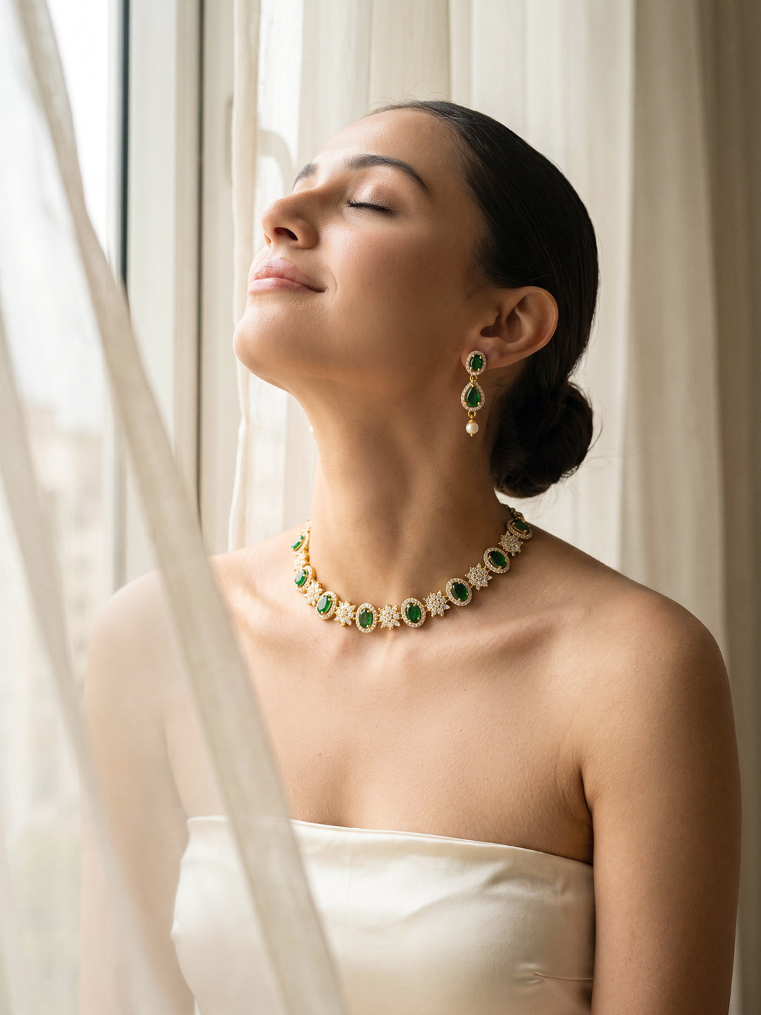 Libas Floral Design AD Emerald Stone Necklace Set