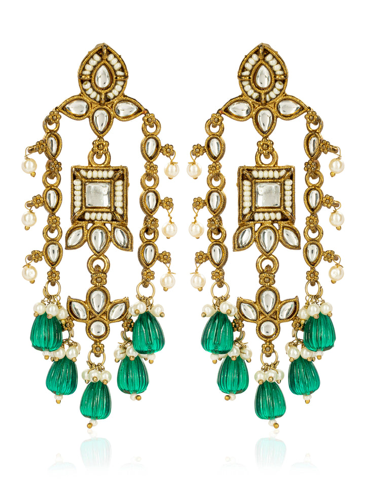 Libas Silver Tone Earrings with Green Pearl Drop